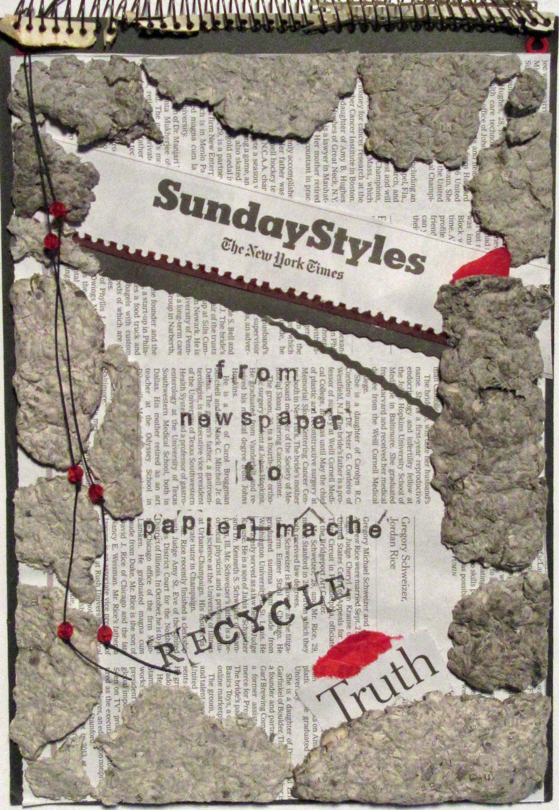 ‘NY Times’ Paper Marche, beads, twine, newspaper torn tissue paper