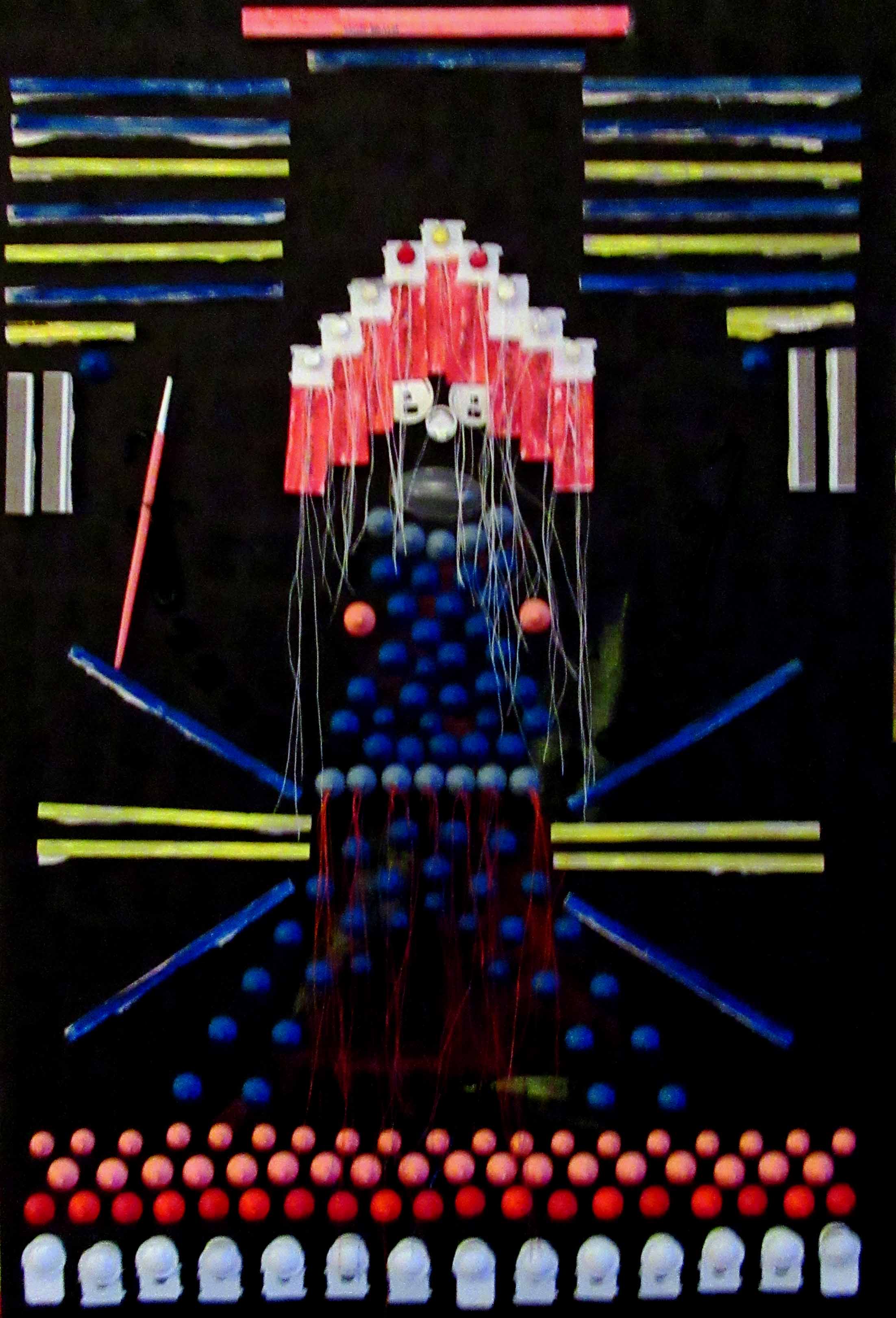 'Women Warrior of Artists'-Found objects-acrylics, antique buttons, check book spines