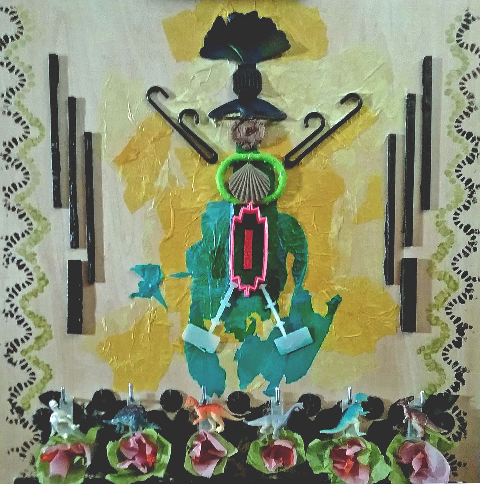 'Warrior Woman' Found objects-acrylics stencils, tissue paper 20x20